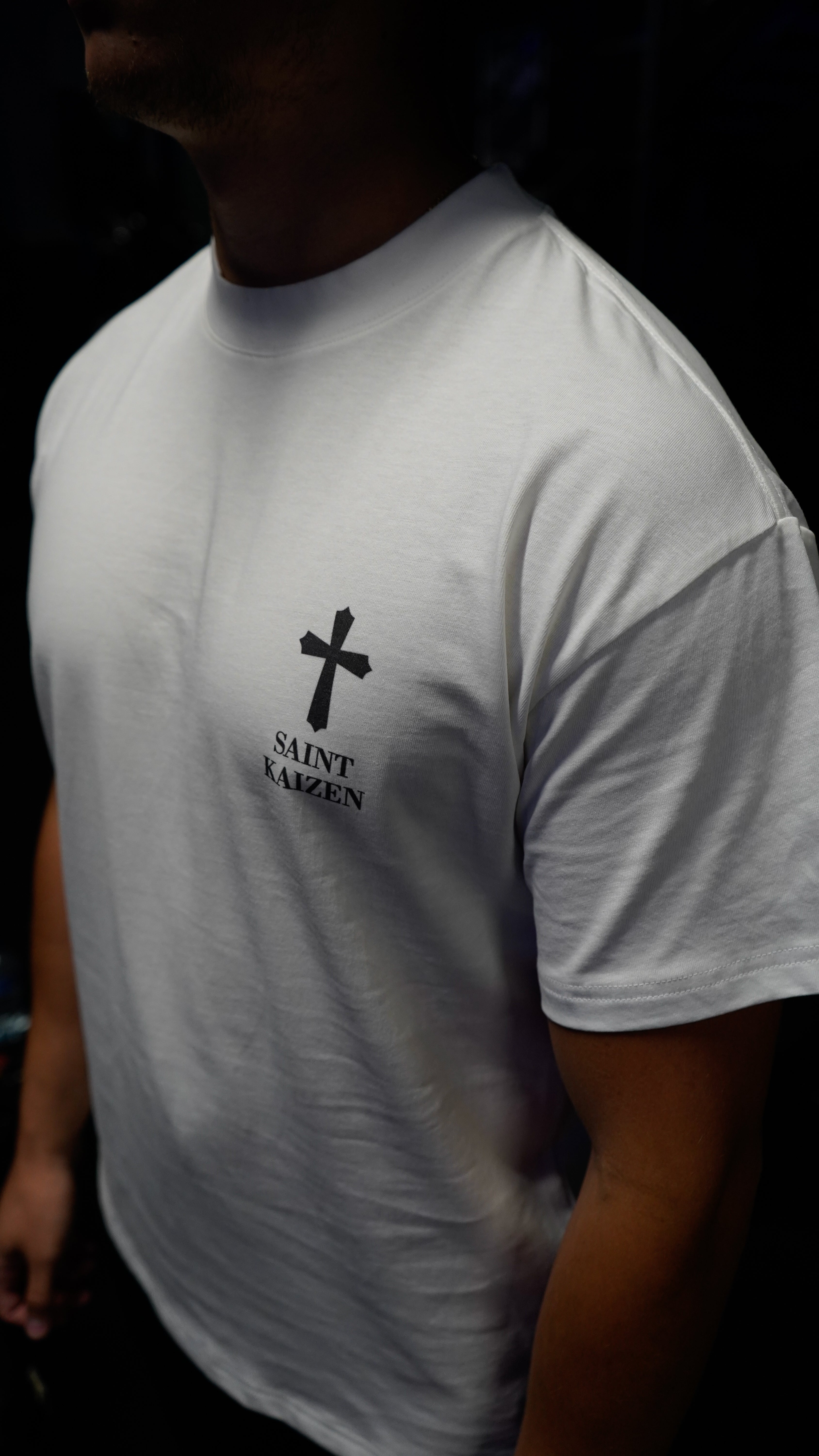 Saint Kaizen Christian gym wear shirt. Features the bold Ephesians 5:2 T-Shirt - White spiritual design. Oversize fit made from premium 220gr cotton.