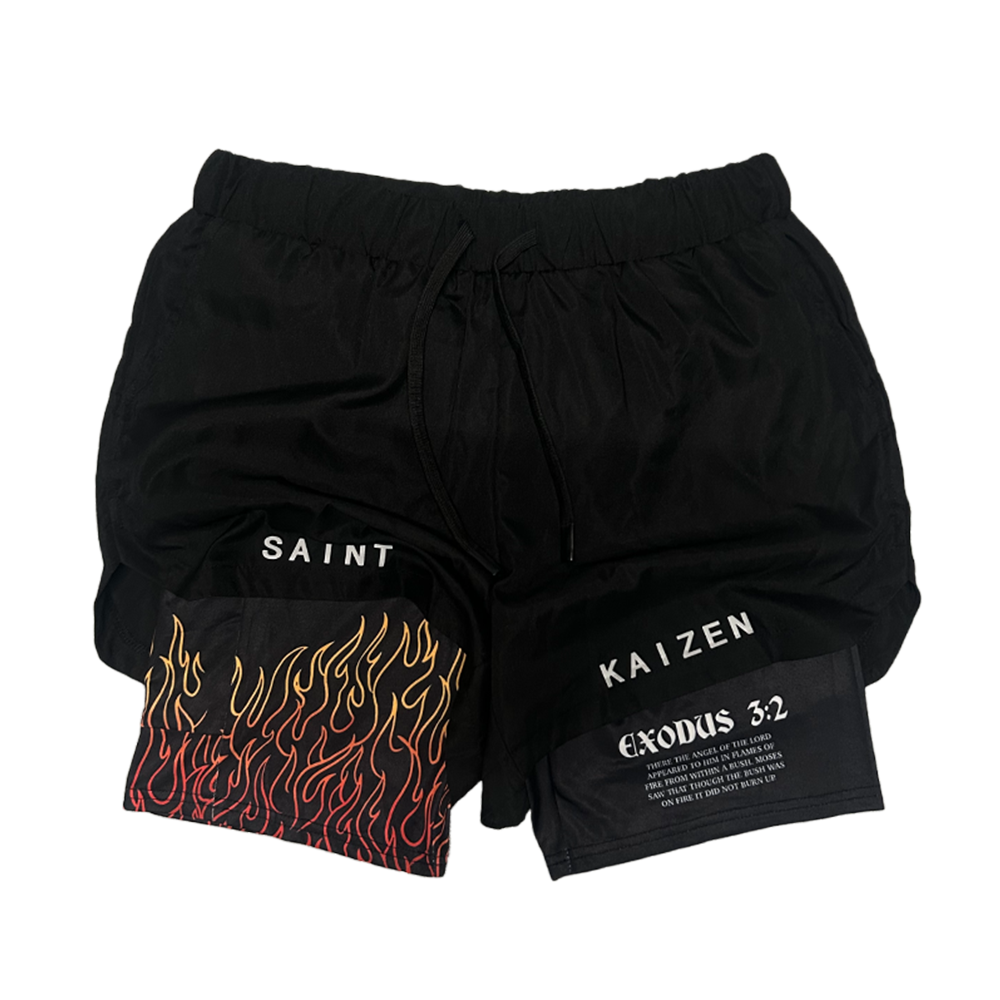 Christian-themed performance shorts with Bible verses, made from a blend of cotton and polyester with a spandex inner lining, featuring Saint Kaizen screen print and multiple pockets for convenience.