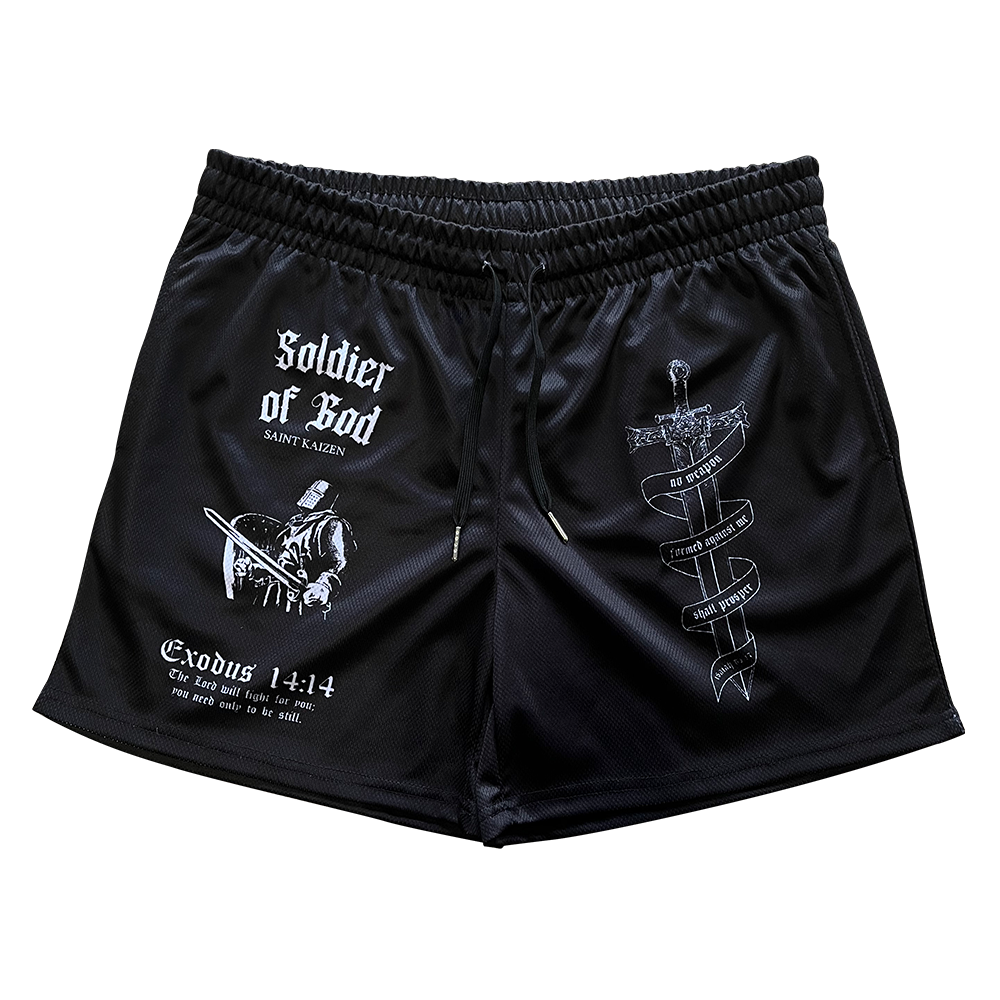 Saint Kaizen Christian gym wear Exodus 14:14 Mesh Shorts. Lightweight 100% polyester mesh with bold printed spiritual design. Features a 5-inch inseam for mobility.