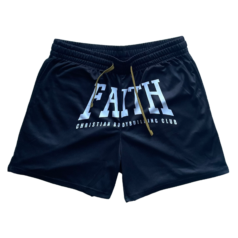 Christian-themed mesh gym shorts with Bible verses, made from 100% polyester, featuring double side pockets and a 5-inch inseam for comfort and mobility.