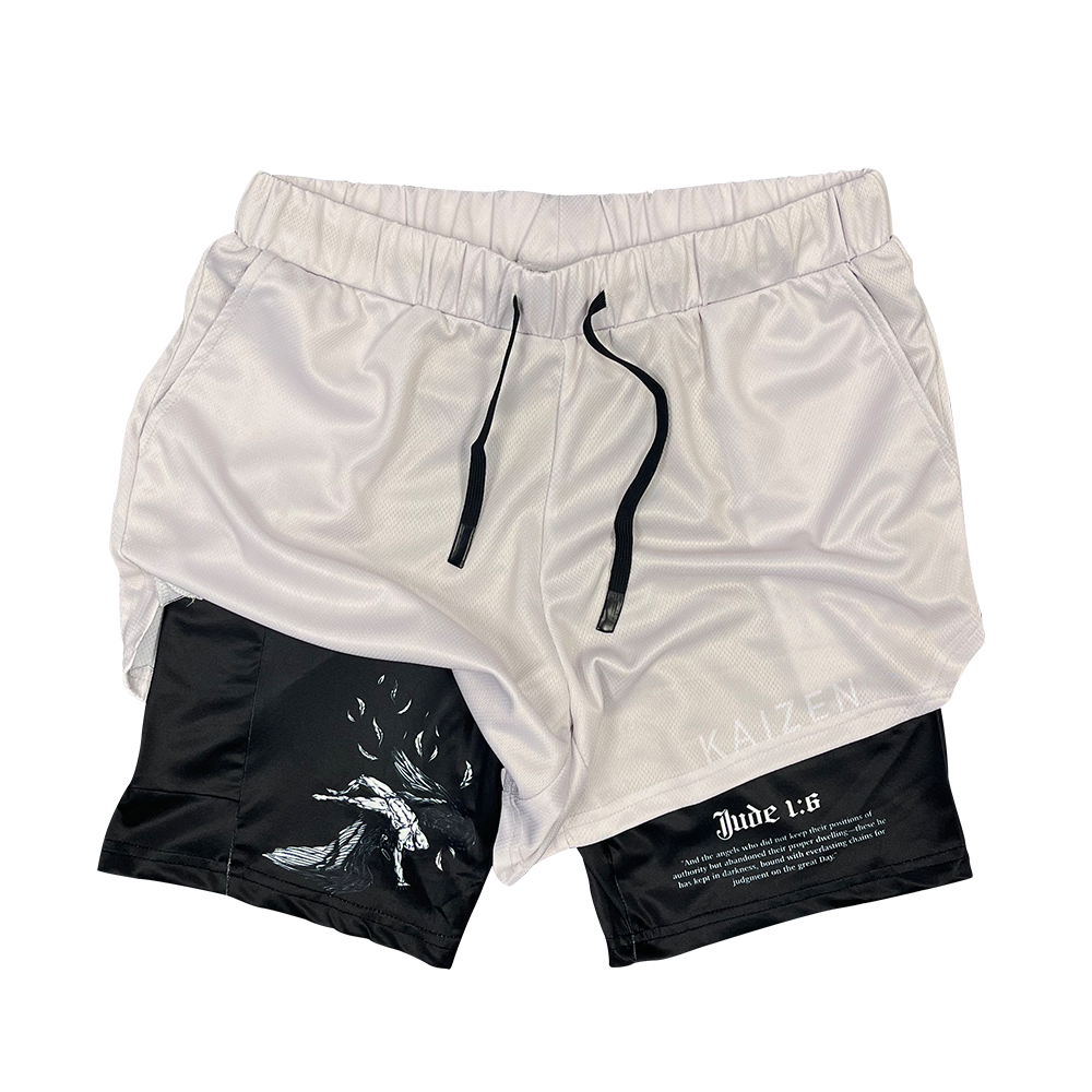 Saint Kaizen Christian gym wear Fallen Angel Performance Shorts - Gray. Two-layer shorts built for optimal mobility, featuring secure pockets and premium fabric.
