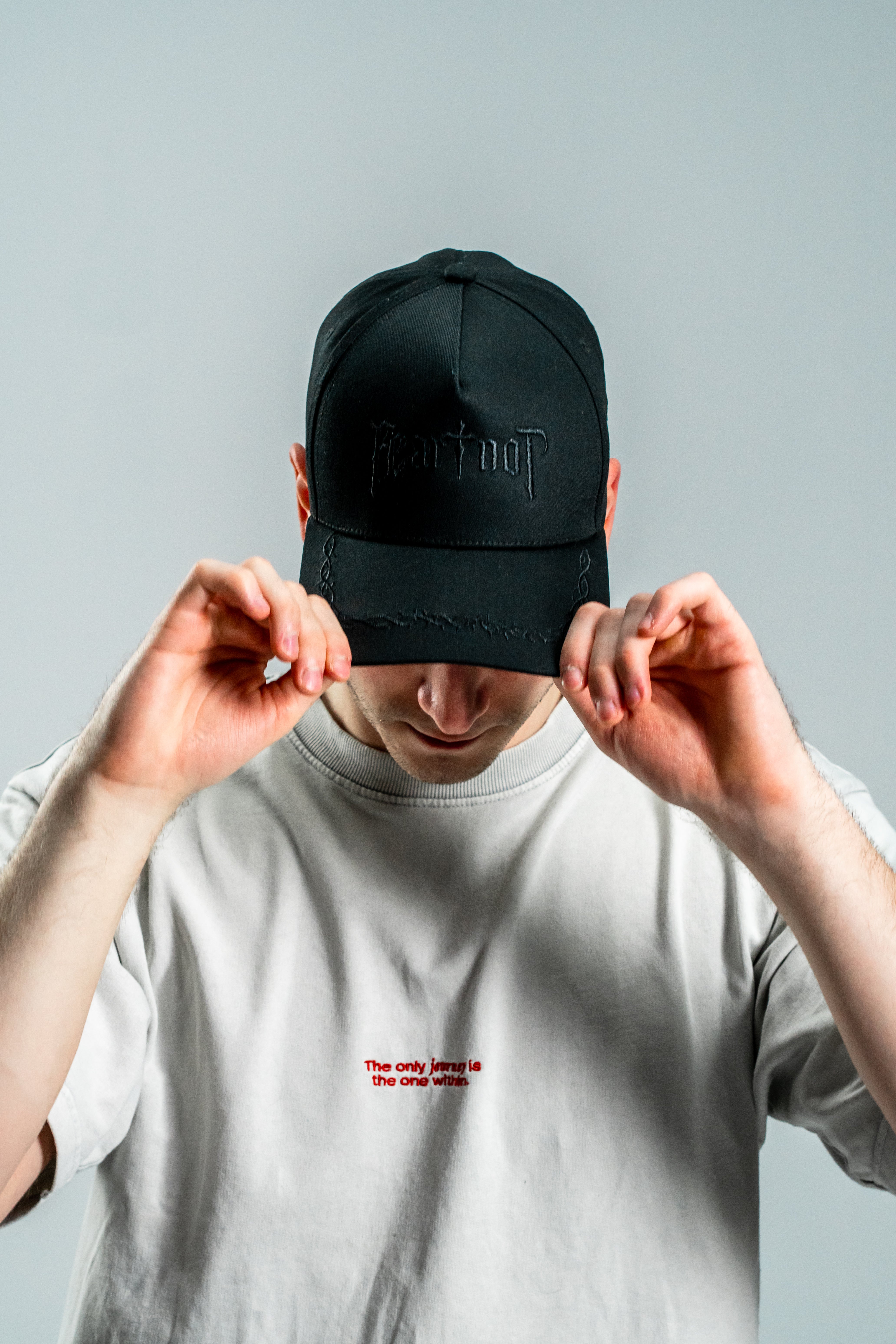 Saint Kaizen premium Christian gym wear [Fear Not Cap]. Features bold spiritual Artwork, A comfortable cap designed for both the gym and casual wear.