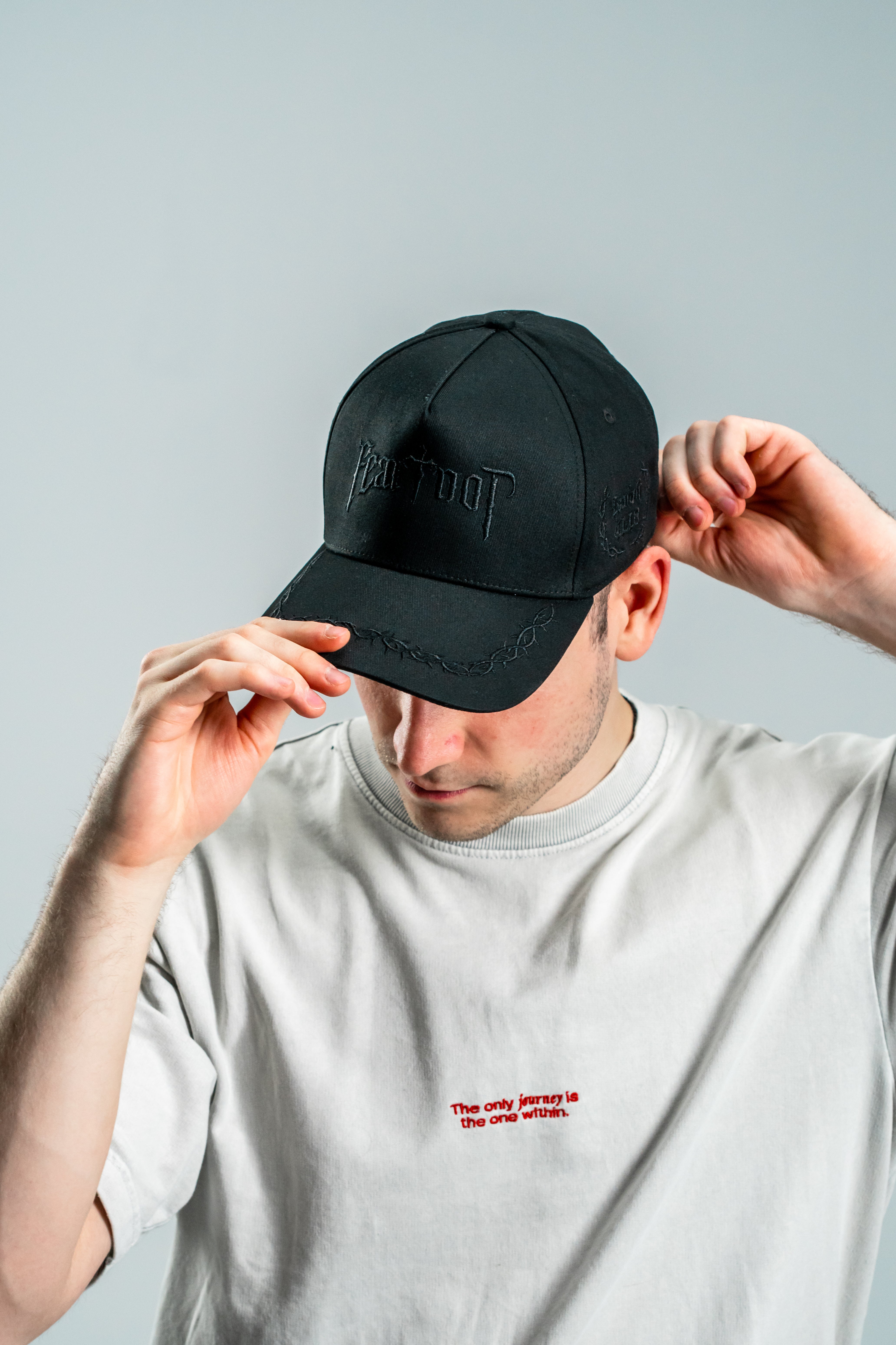 Saint Kaizen premium Christian gym wear [Fear Not Cap]. Features bold spiritual Artwork, A comfortable cap designed for both the gym and casual wear.