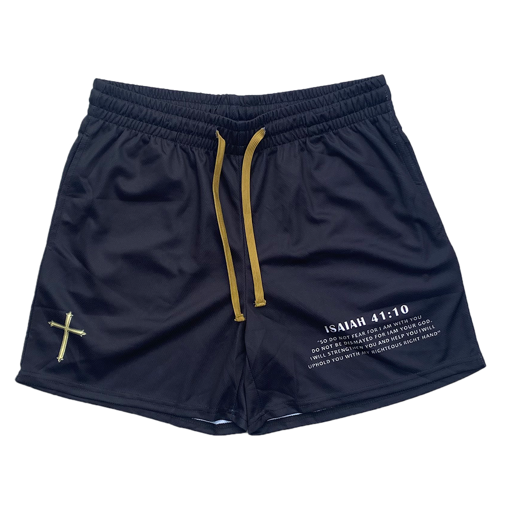 Christian-themed mesh gym shorts with Bible verses, made from 100% polyester, featuring double side pockets and a 5-inch inseam for comfort and mobility.