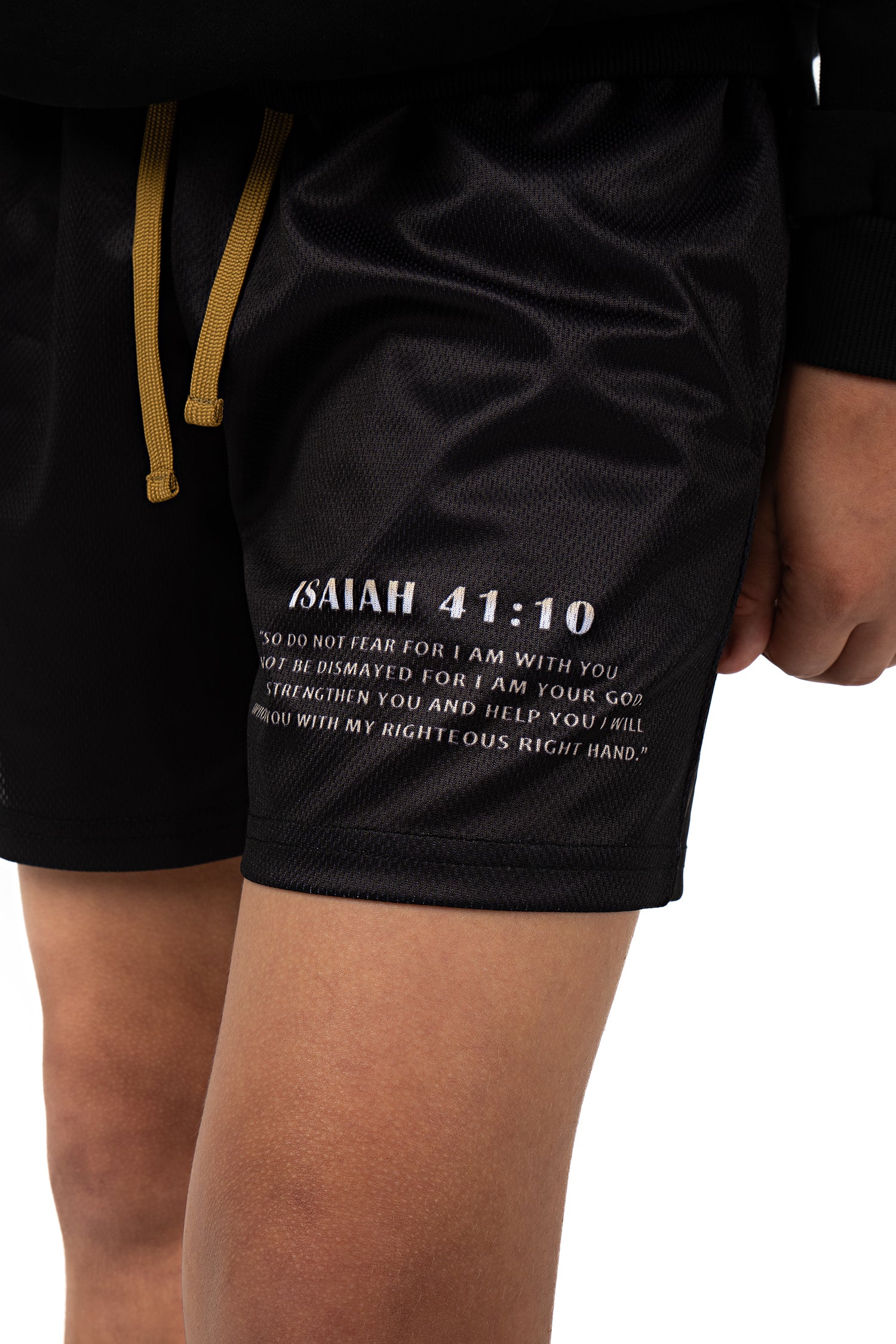 Saint Kaizen Christian gym wear Fearless Youth Mesh Shorts. Lightweight 100% polyester mesh with bold printed spiritual design. Features a 5-inch inseam for mobility.