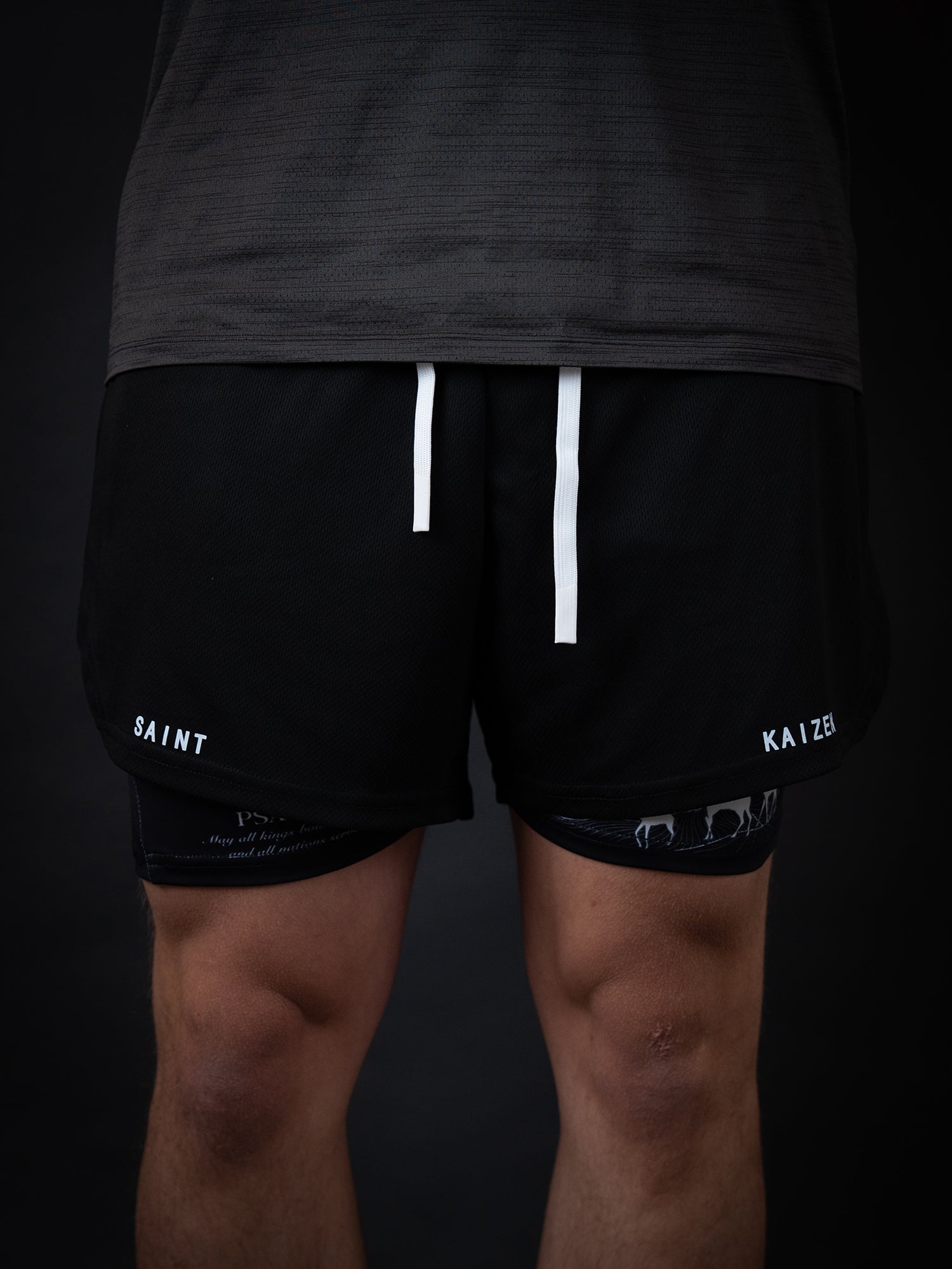 Saint Kaizen Christian gym wear Guiding Light Performance Shorts. Two-layer shorts built for optimal mobility, featuring secure pockets and premium fabric.
