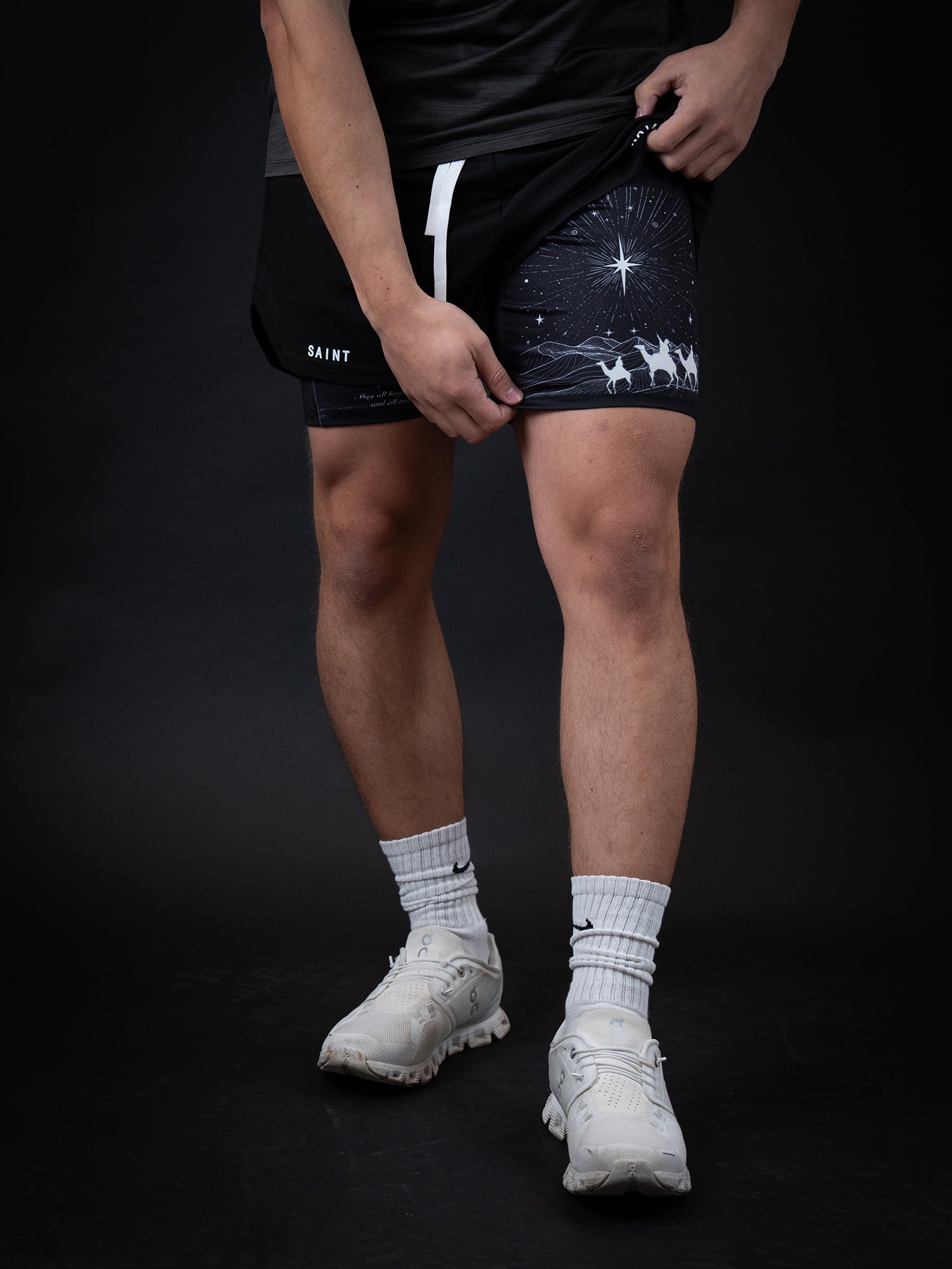 Saint Kaizen Christian gym wear Guiding Light Performance Shorts. Two-layer shorts built for optimal mobility, featuring secure pockets and premium fabric.