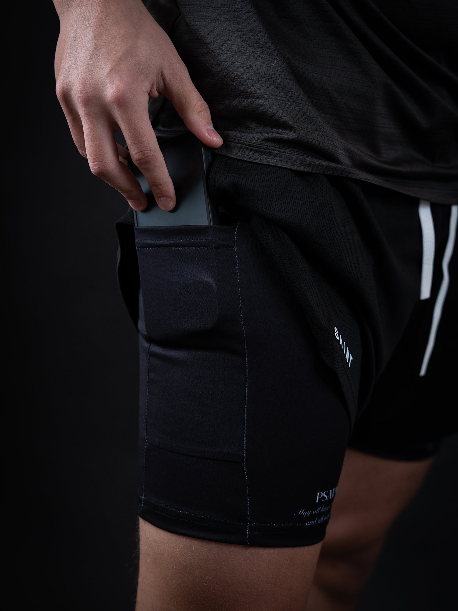 Saint Kaizen Christian gym wear Guiding Light Performance Shorts. Two-layer shorts built for optimal mobility, featuring secure pockets and premium fabric.