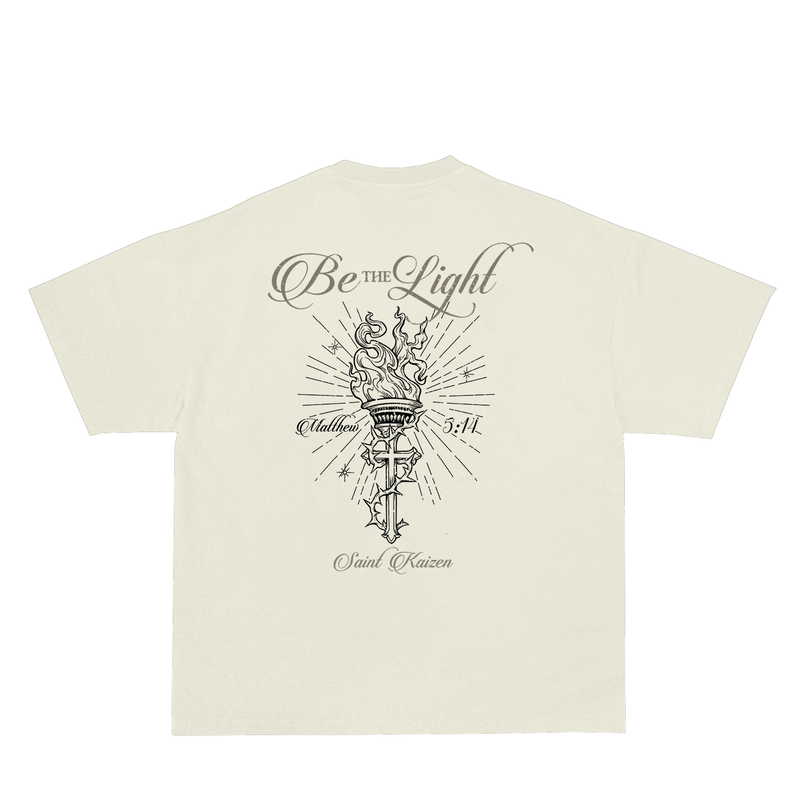 Saint Kaizen Christian gym wear shirt. Features the bold Guiding The Light T-Shirt - Cream spiritual design. Oversize fit made from premium 220gr cotton.
