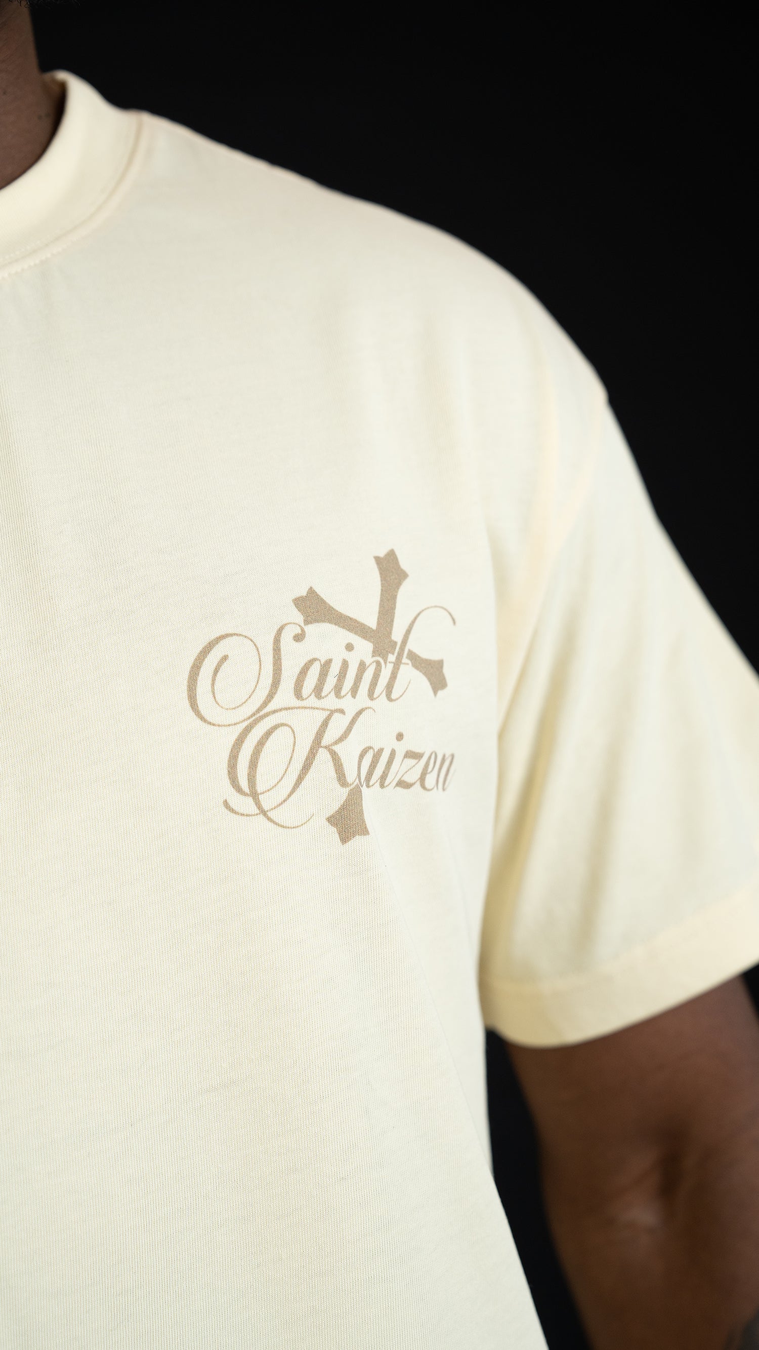 Saint Kaizen Christian gym wear shirt. Features the bold Guiding The Light T-Shirt - Cream spiritual design. Oversize fit made from premium 220gr cotton.