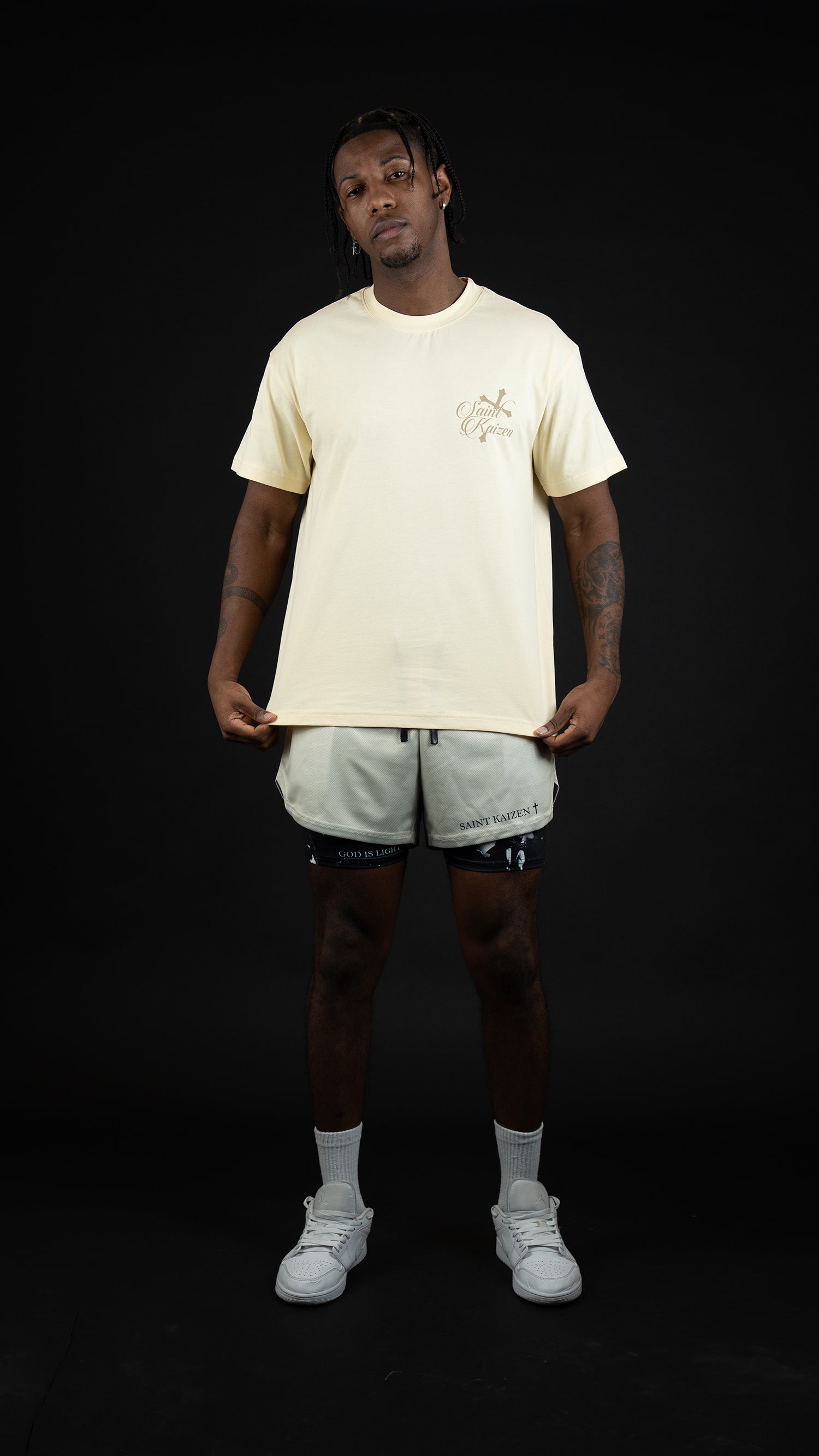 Saint Kaizen Christian gym wear shirt. Features the bold Guiding The Light T-Shirt - Cream spiritual design. Oversize fit made from premium 220gr cotton.