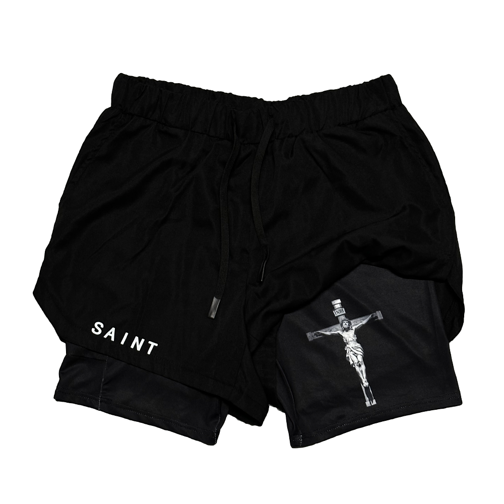 Christian-themed performance shorts with Bible verses, made from a blend of cotton and polyester with a spandex inner lining, featuring Saint Kaizen screen print and multiple pockets for convenience.