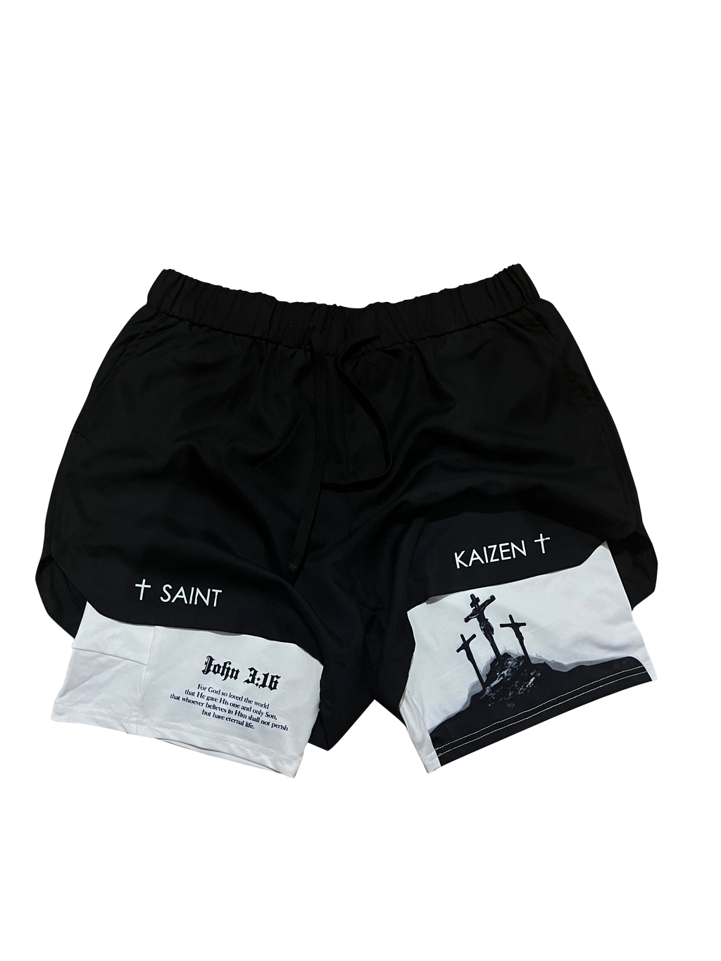 Christian-themed performance shorts with Bible verses, made from a blend of cotton and polyester with a spandex inner lining, featuring Saint Kaizen screen print and multiple pockets for convenience.
