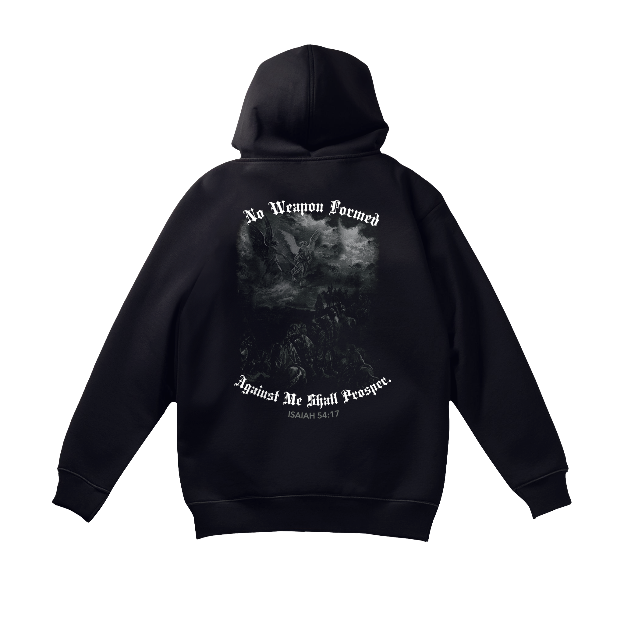 Saint Kaizen Isaiah 54:17 Hoodie - Black. Heavyweight Christian gym wear hoodie featuring a durable with spiritual artwork.