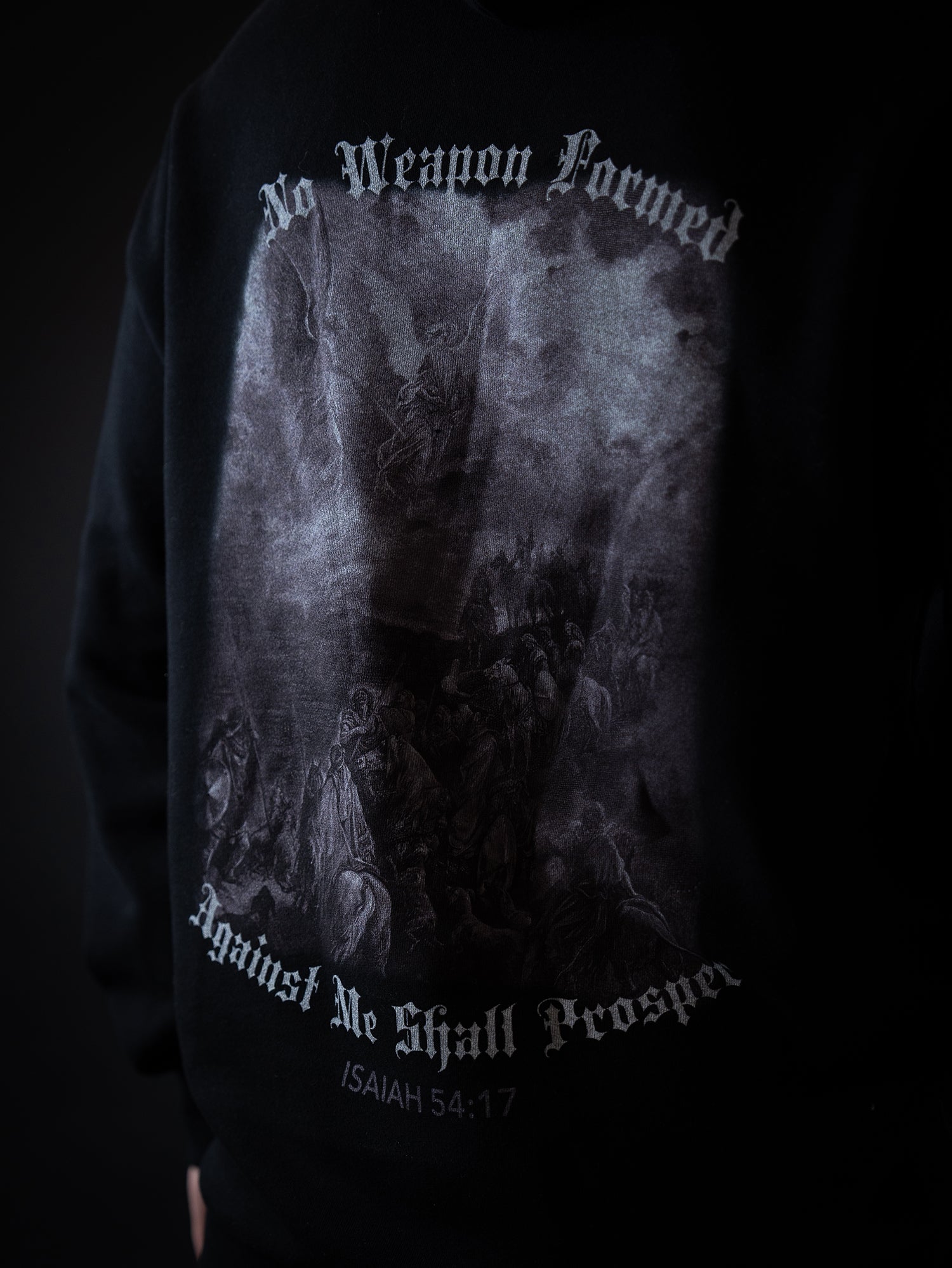 Saint Kaizen Isaiah 54:17 Hoodie - Black. Heavyweight Christian gym wear hoodie featuring a durable with spiritual artwork.