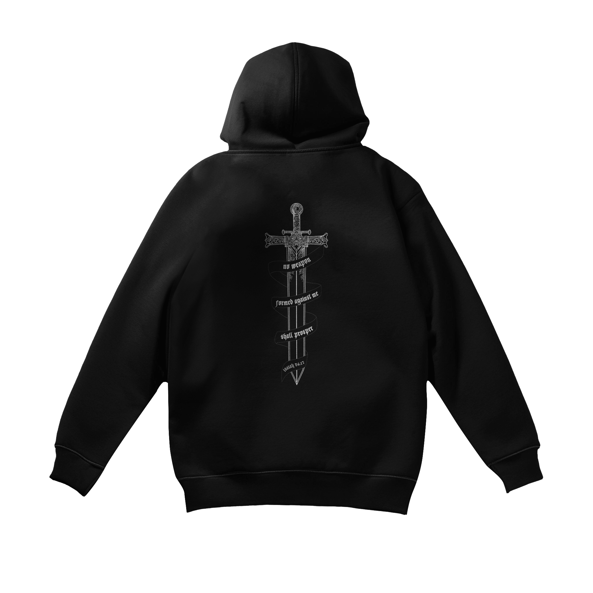 Saint Kaizen Isaiah 54:17 Sword Hoodie. Heavyweight Christian gym wear hoodie featuring a durable with spiritual artwork.