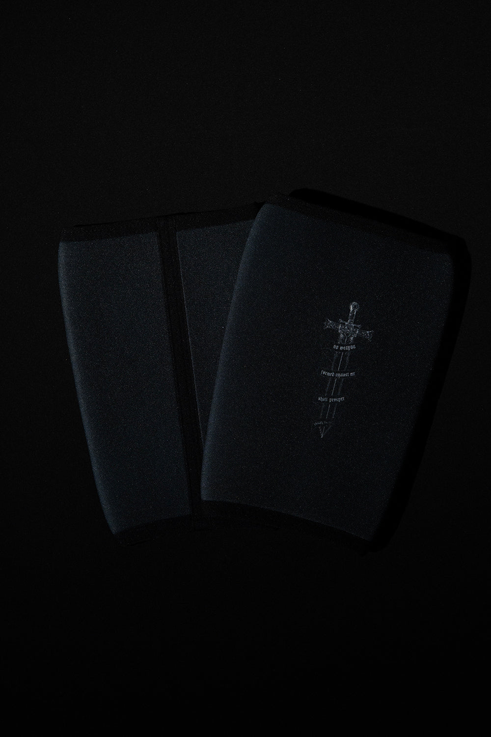Saint Kaizen Isaiah 54:17 Sword Knee Sleeves. 7mm neoprene for maximum compression and support during squats and deadlifts. Essential Christian gym wear.