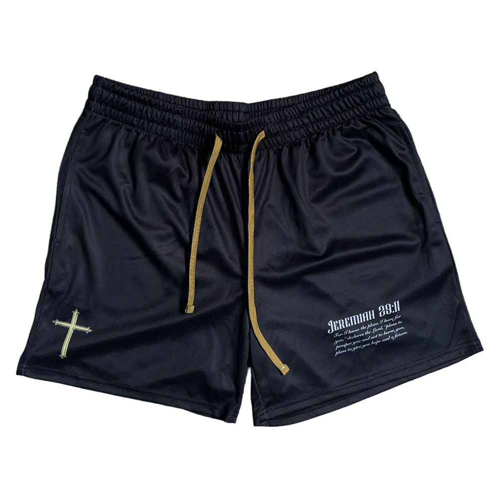 Christian-themed mesh gym shorts with Bible verses, made from 100% polyester, featuring double side pockets and a 5-inch inseam for comfort and mobility.