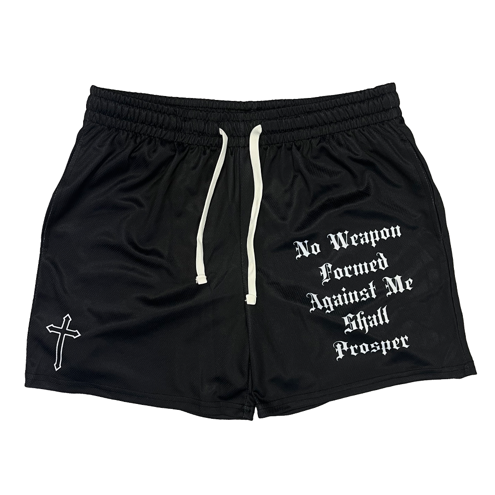 Christian-themed mesh gym shorts with Bible verses, made from 100% polyester, featuring double side pockets and a 5-inch inseam for comfort and mobility.