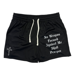 Christian-themed mesh gym shorts with Bible verses, made from 100% polyester, featuring double side pockets and a 5-inch inseam for comfort and mobility.