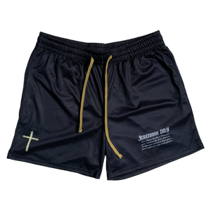 Christian-themed mesh gym shorts with Bible verses, made from 100% polyester, featuring double side pockets and a 5-inch inseam for comfort and mobility.