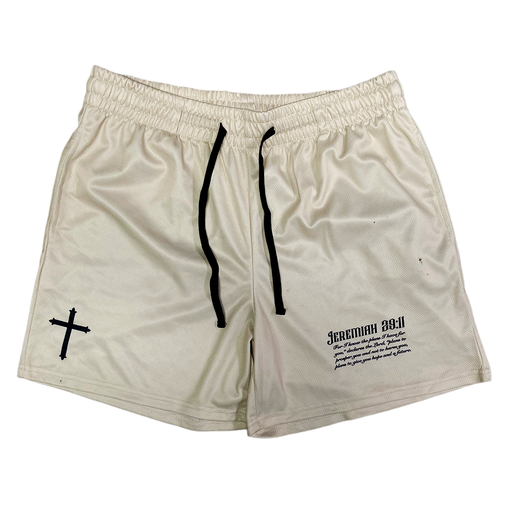 Christian-themed mesh gym shorts with Bible verses, made from 100% polyester, featuring double side pockets and a 5-inch inseam for comfort and mobility.