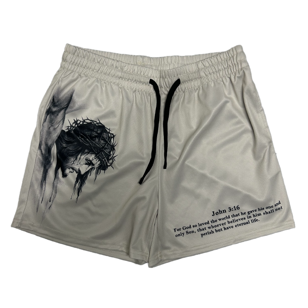 Christian-themed mesh gym shorts with Bible verses, made from 100% polyester, featuring double side pockets and a 5-inch inseam for comfort and mobility.