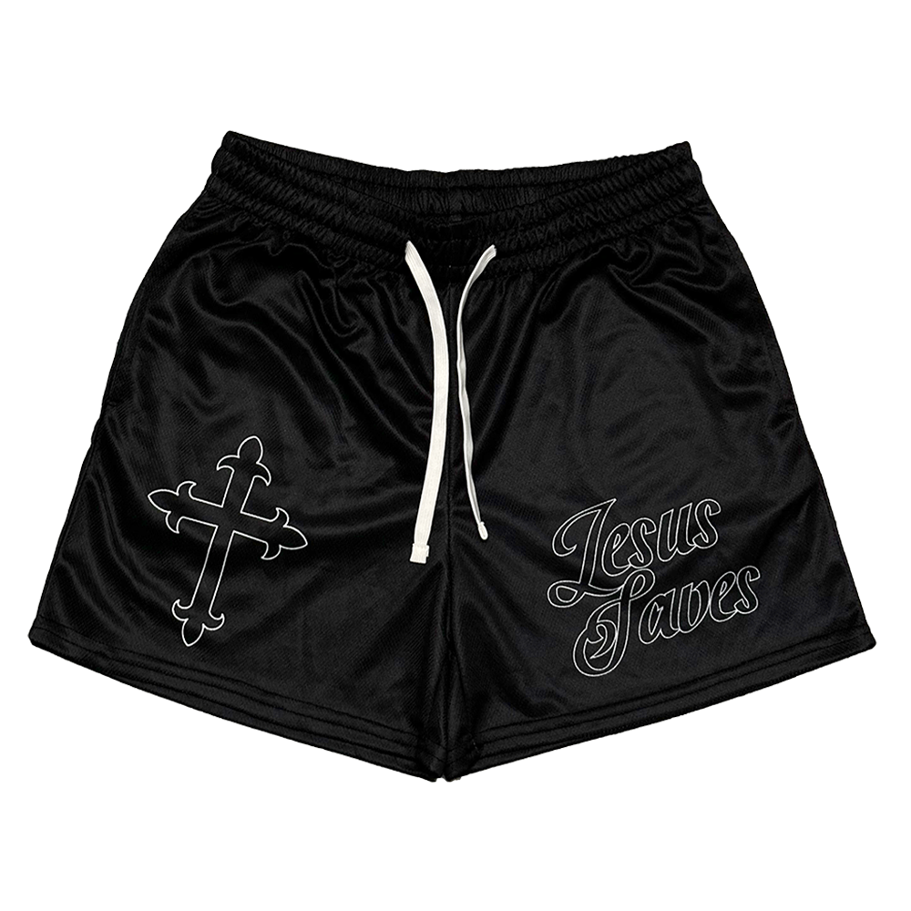 Christian-themed mesh gym shorts with Bible verses, made from 100% polyester, featuring double side pockets and a 5-inch inseam for comfort and mobility.