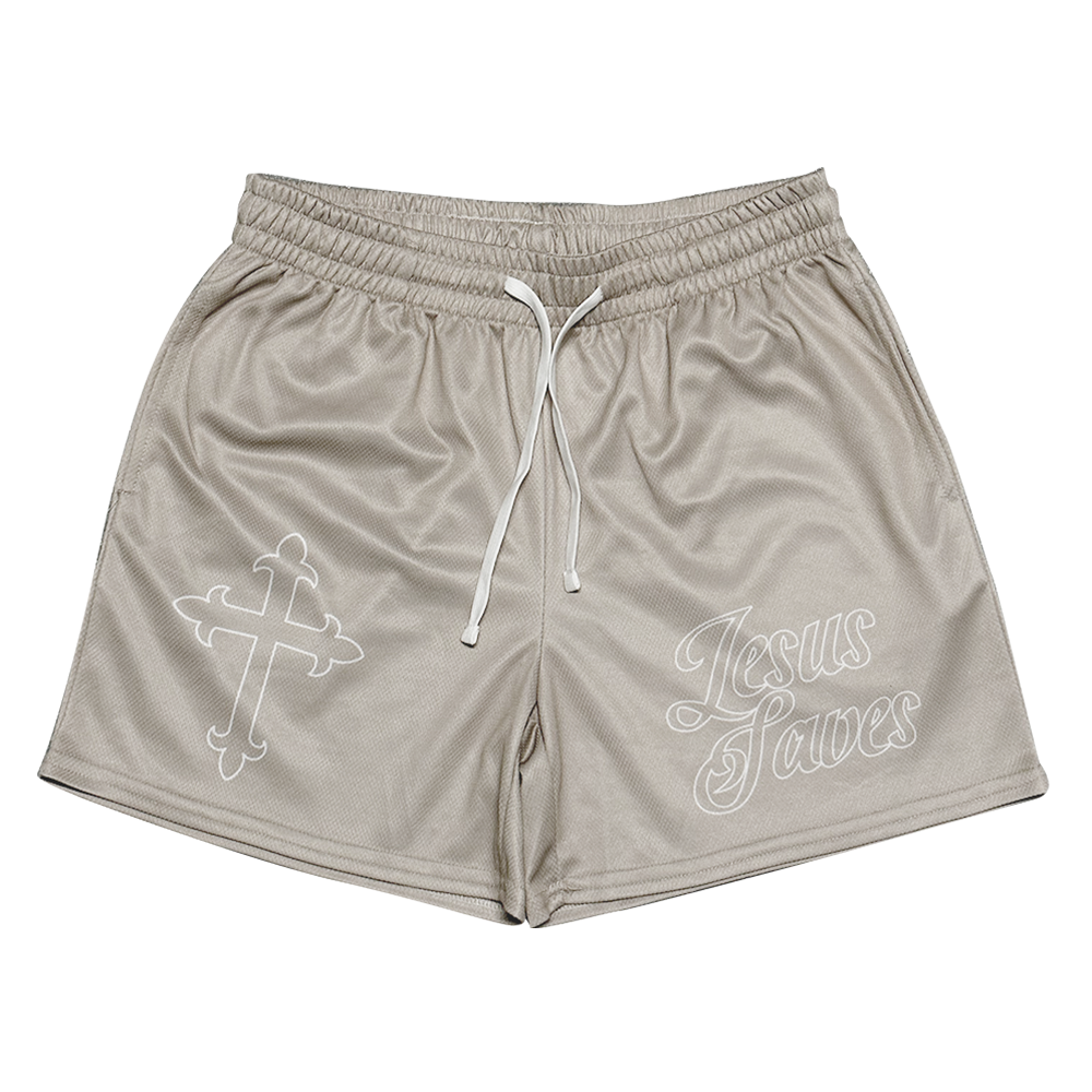 Christian-themed mesh gym shorts with Bible verses, made from 100% polyester, featuring double side pockets and a 5-inch inseam for comfort and mobility.