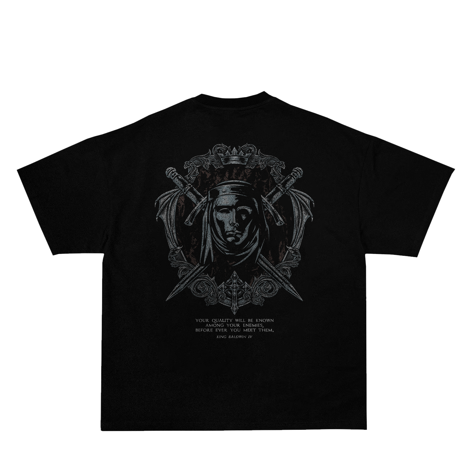 Saint Kaizen Christian gym wear shirt. Features the bold King Baldwin T-Shirt spiritual design. Oversize fit made from premium 220gr cotton.