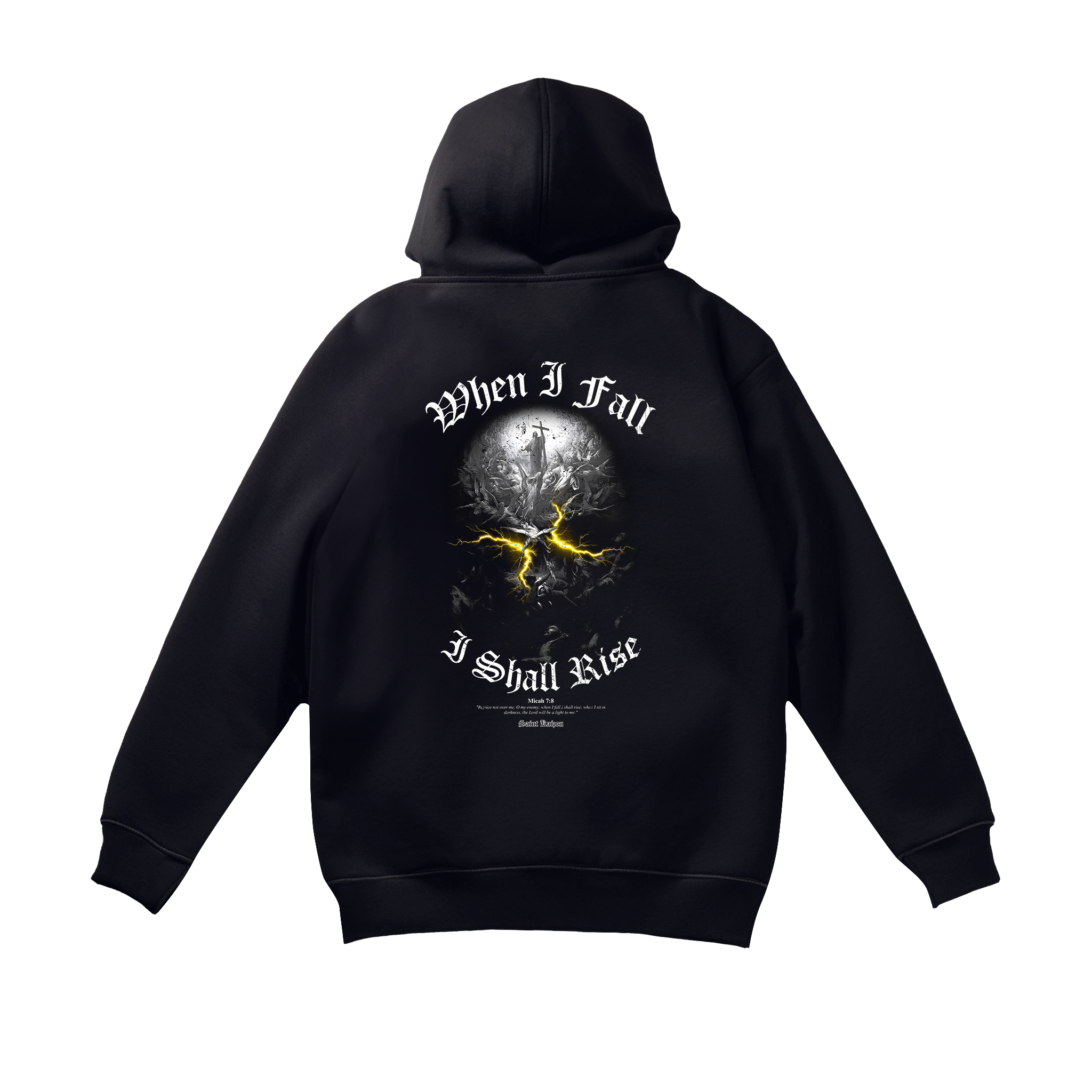 Saint Kaizen Light In The Darkness Hoodie - Black. Heavyweight Christian gym wear hoodie featuring a durable with spiritual artwork.