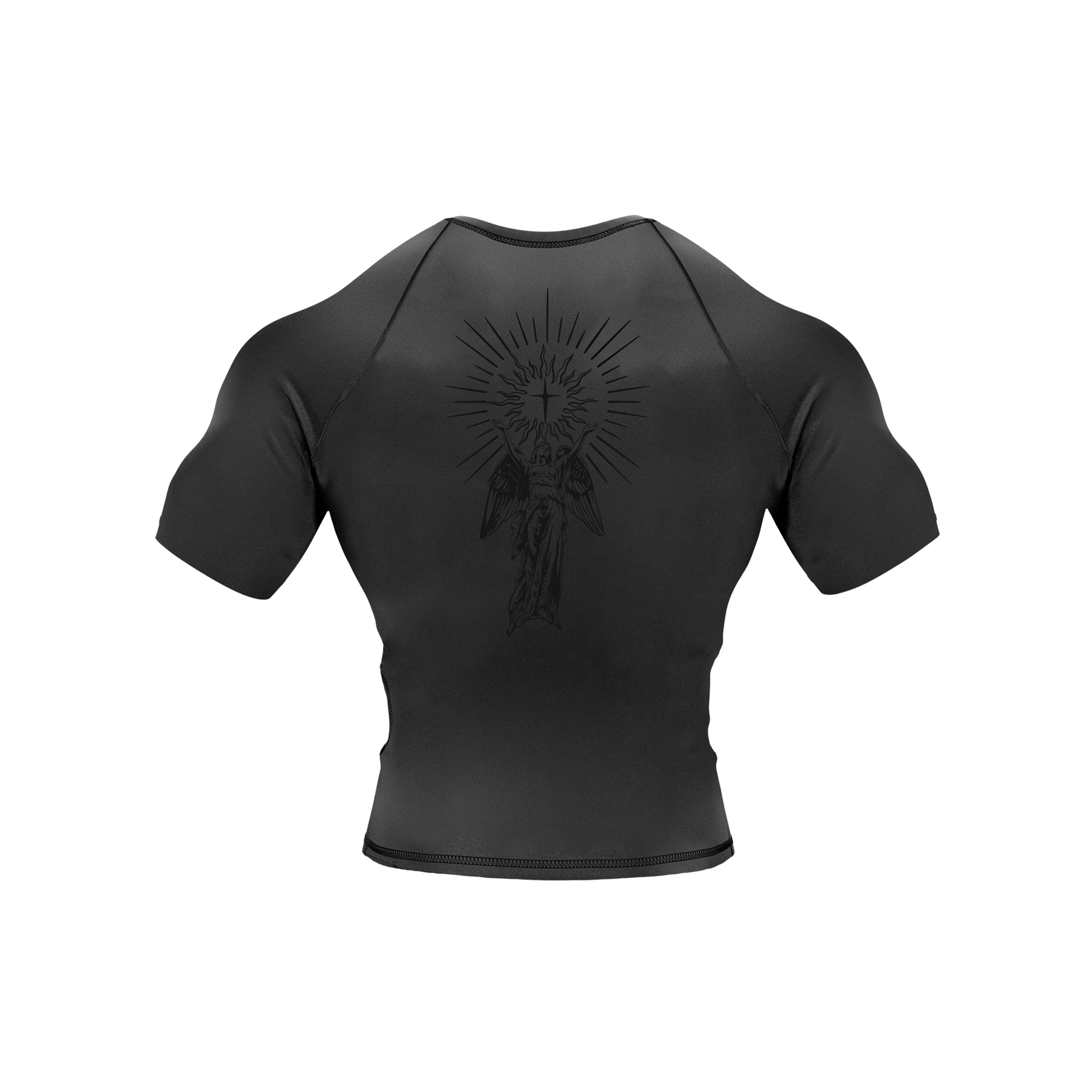 Saint Kaizen Light Of Divine Compression Tee. High-performance Christian gym wear with printed spiritual artwork. Tailored, ergonomic fit for muscle support.