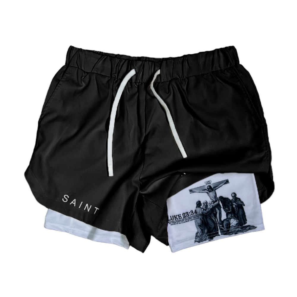 Christian-themed performance shorts with Bible verses, made from a blend of cotton and polyester with a spandex inner lining, featuring Saint Kaizen screen print and multiple pockets for convenience.