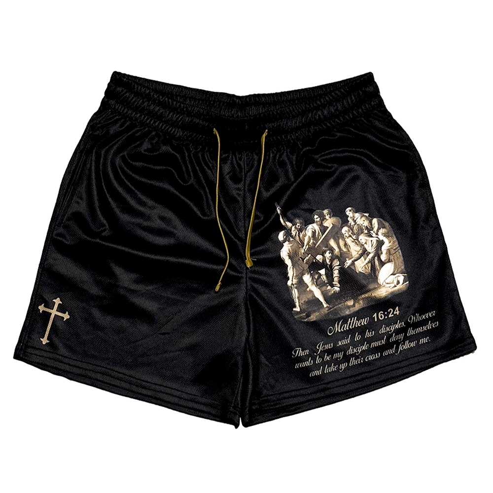 Christian-themed mesh gym shorts with Bible verses, made from 100% polyester, featuring double side pockets and a 5-inch inseam for comfort and mobility.