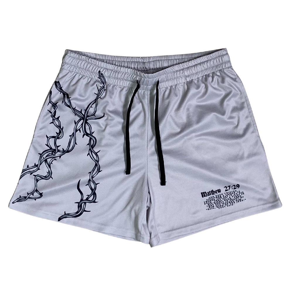 Christian-themed mesh gym shorts with Bible verses, made from 100% polyester, featuring double side pockets and a 5-inch inseam for comfort and mobility.