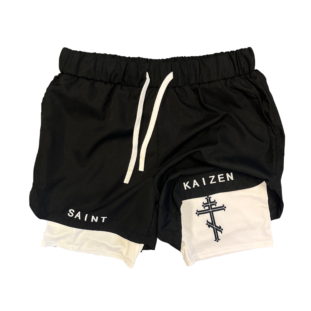 Christian-themed performance shorts with Bible verses, made from a blend of cotton and polyester with a spandex inner lining, featuring Saint Kaizen screen print and multiple pockets for convenience.