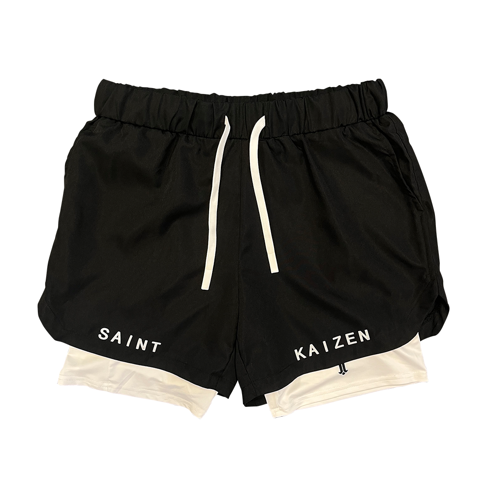 Christian-themed performance shorts with Bible verses, made from a blend of cotton and polyester with a spandex inner lining, featuring Saint Kaizen screen print and multiple pockets for convenience.