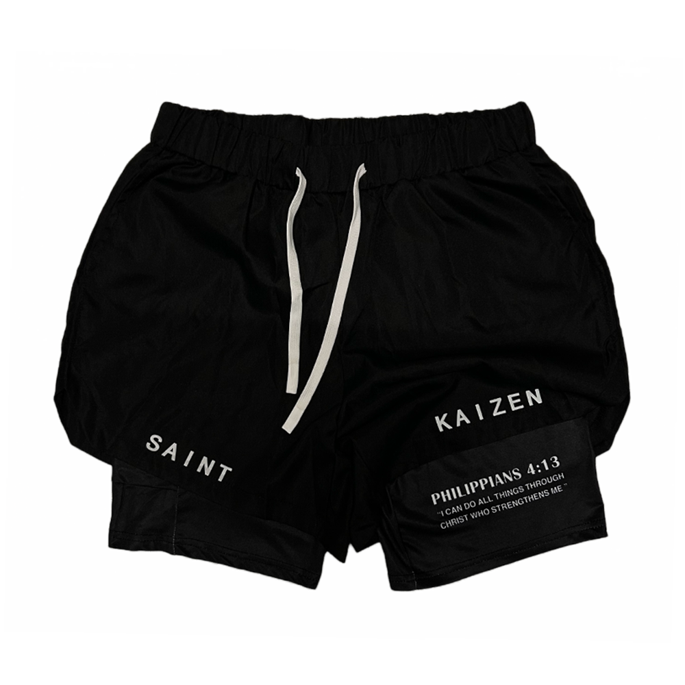 Christian-themed performance shorts with Bible verses, made from a blend of cotton and polyester with a spandex inner lining, featuring Saint Kaizen screen print and multiple pockets for convenience.