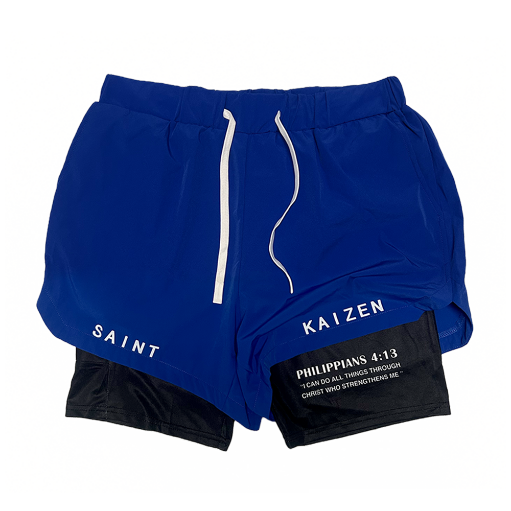 Christian-themed performance shorts with Bible verses, made from a blend of cotton and polyester with a spandex inner lining, featuring Saint Kaizen screen print and multiple pockets for convenience.