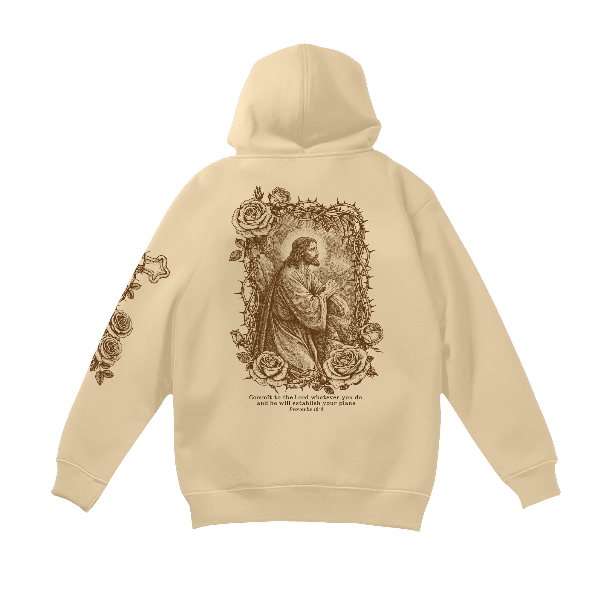 Saint Kaizen Proverbs 16:3 Hoodie - Cream. Heavyweight Christian gym wear hoodie featuring a durable with spiritual artwork.