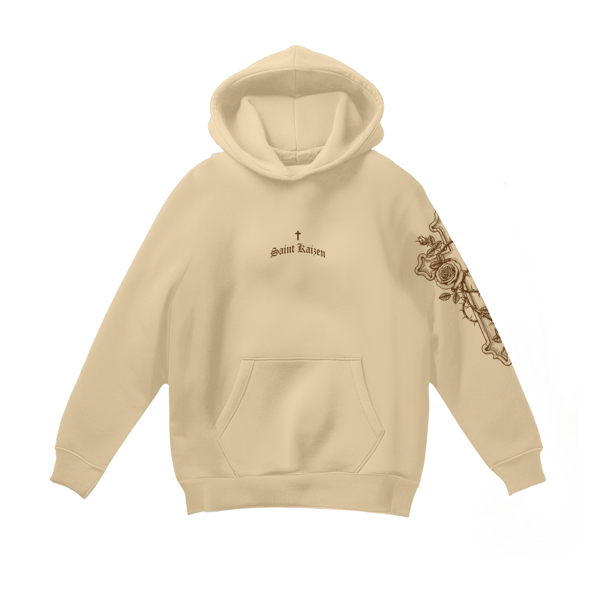 Saint Kaizen Proverbs 16:3 Hoodie - Cream. Heavyweight Christian gym wear hoodie featuring a durable with spiritual artwork.
