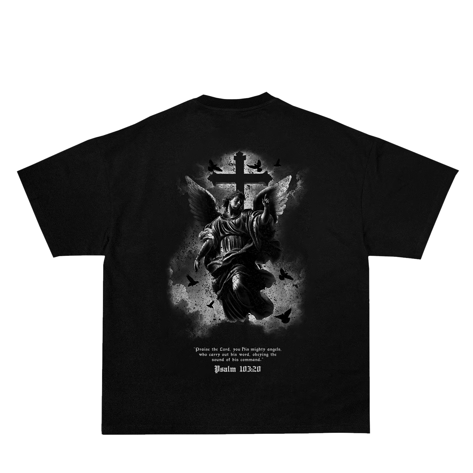 Saint Kaizen Christian gym wear shirt. Features the bold Psalm 103:20 T-Shirt spiritual design. Oversize fit made from premium 220gr cotton.