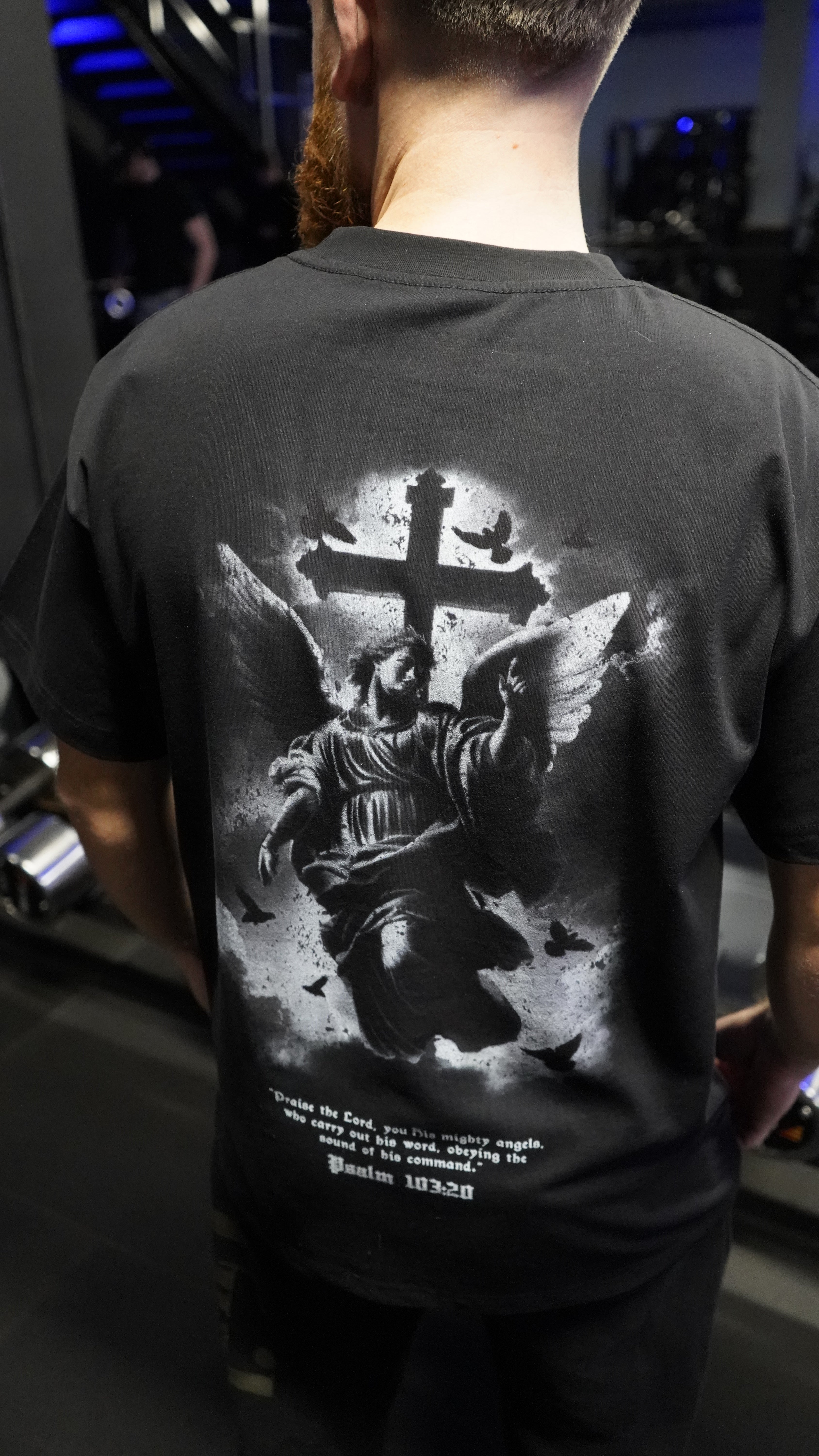 Saint Kaizen Christian gym wear shirt. Features the bold Psalm 103:20 T-Shirt spiritual design. Oversize fit made from premium 220gr cotton.