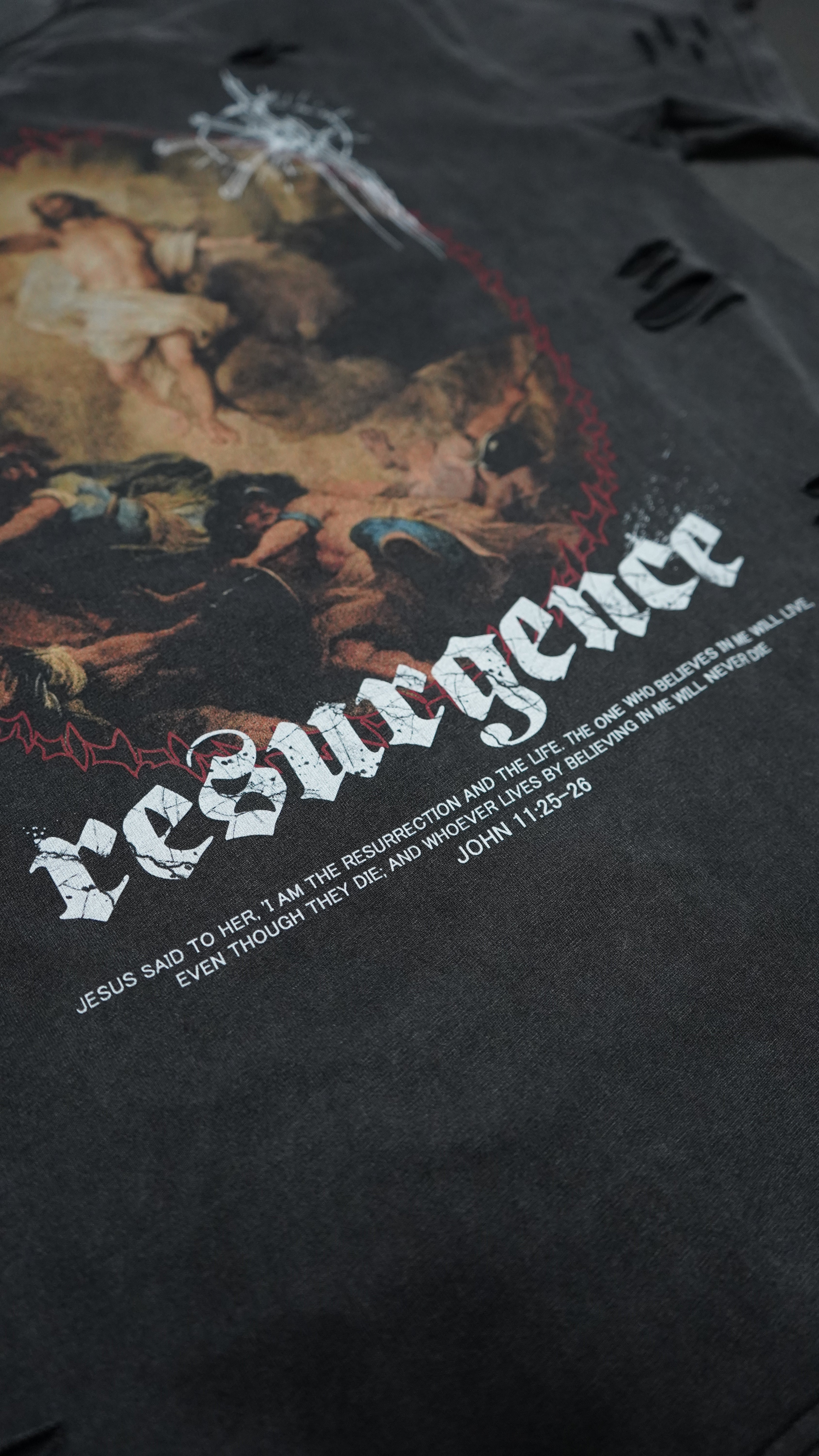 Saint Kaizen Christian gym wear shirt. Features the bold Resurgence T-Shirt - Acid Wash spiritual design. Oversize fit made from premium 220gr cotton.