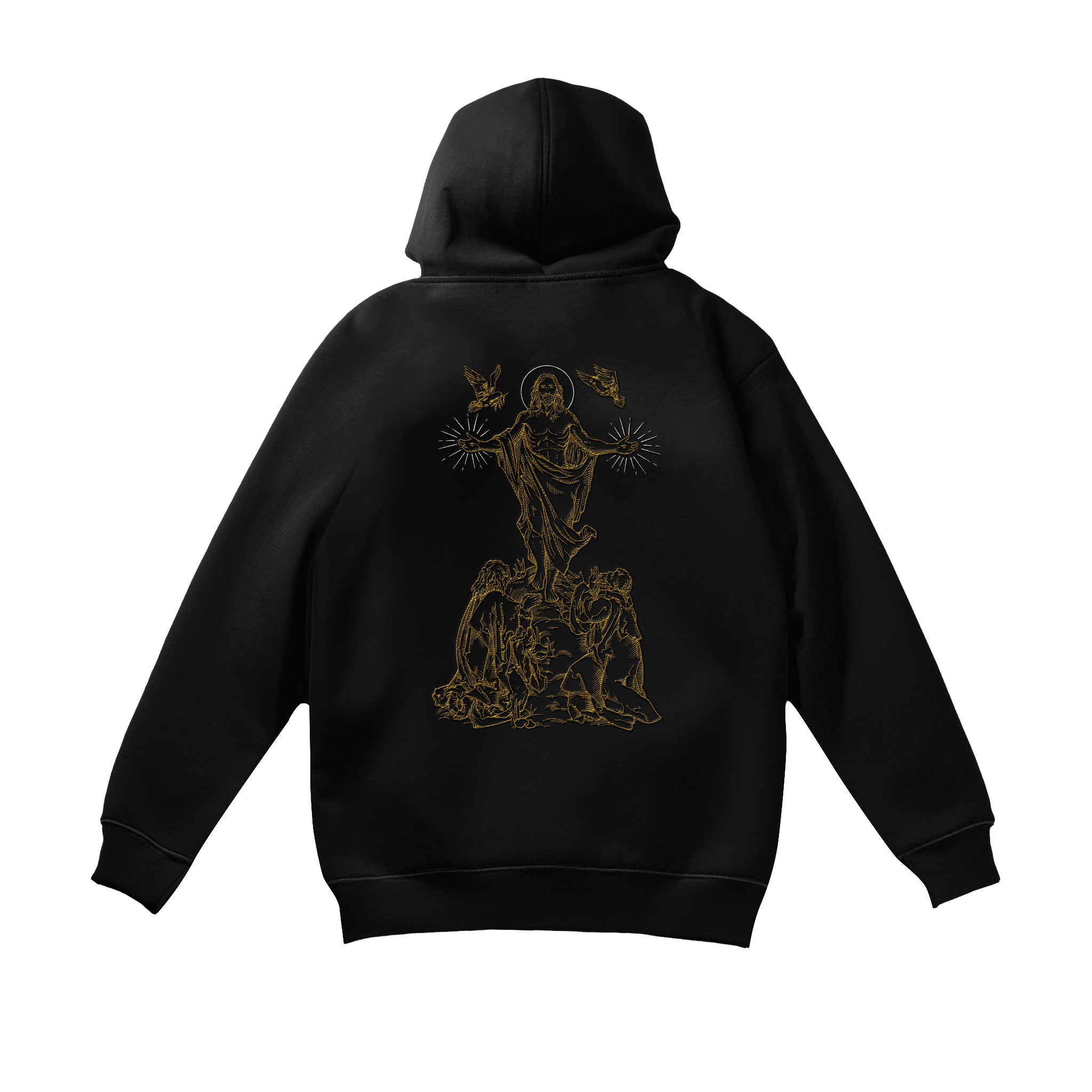 Saint Kaizen Resurrection Embroidery Hoodie. Heavyweight Christian gym wear hoodie featuring detailed embroidered spiritual artwork.