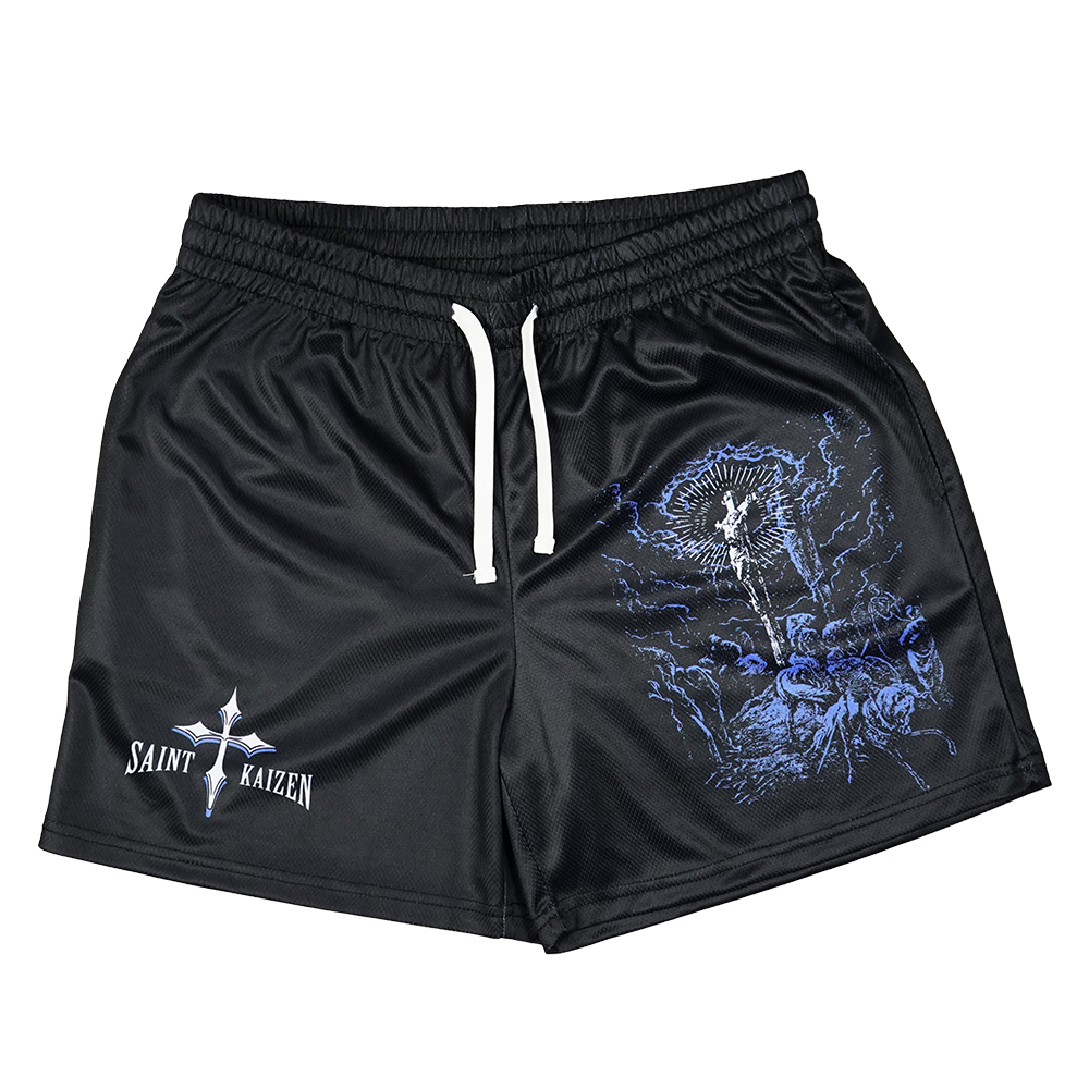 Saint Kaizen Christian gym wear Righteous Shorts - Black. Lightweight 100% polyester mesh with bold printed spiritual design. Features a 5-inch inseam for mobility.