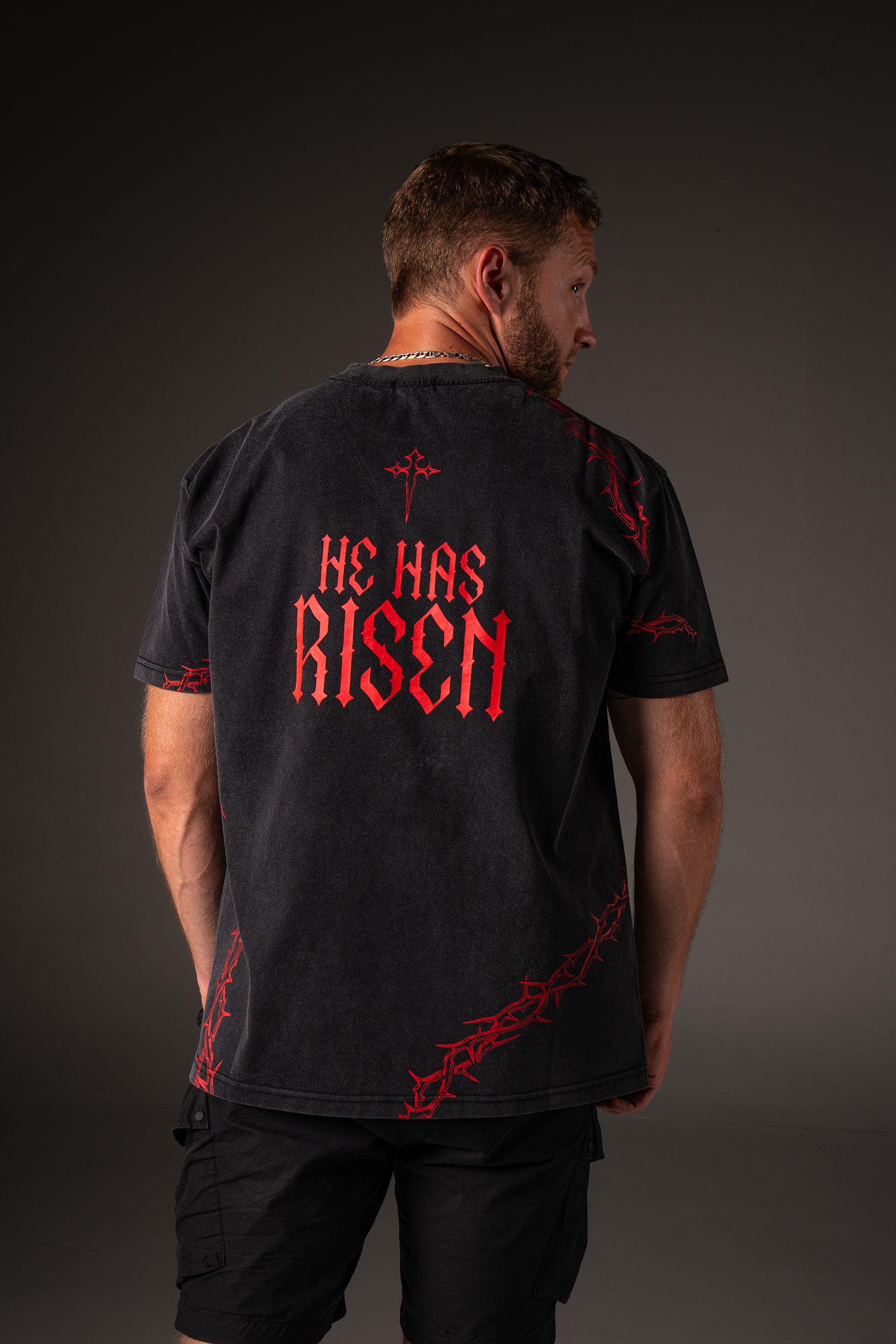 Saint Kaizen Christian gym wear shirt. Features the bold Risen T-Shirt - Acid Wash spiritual design. Oversize fit made from premium 220gr cotton.