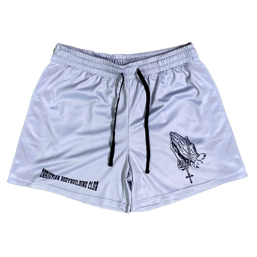 Christian-themed mesh gym shorts with Bible verses, made from 100% polyester, featuring double side pockets and a 5-inch inseam for comfort and mobility.