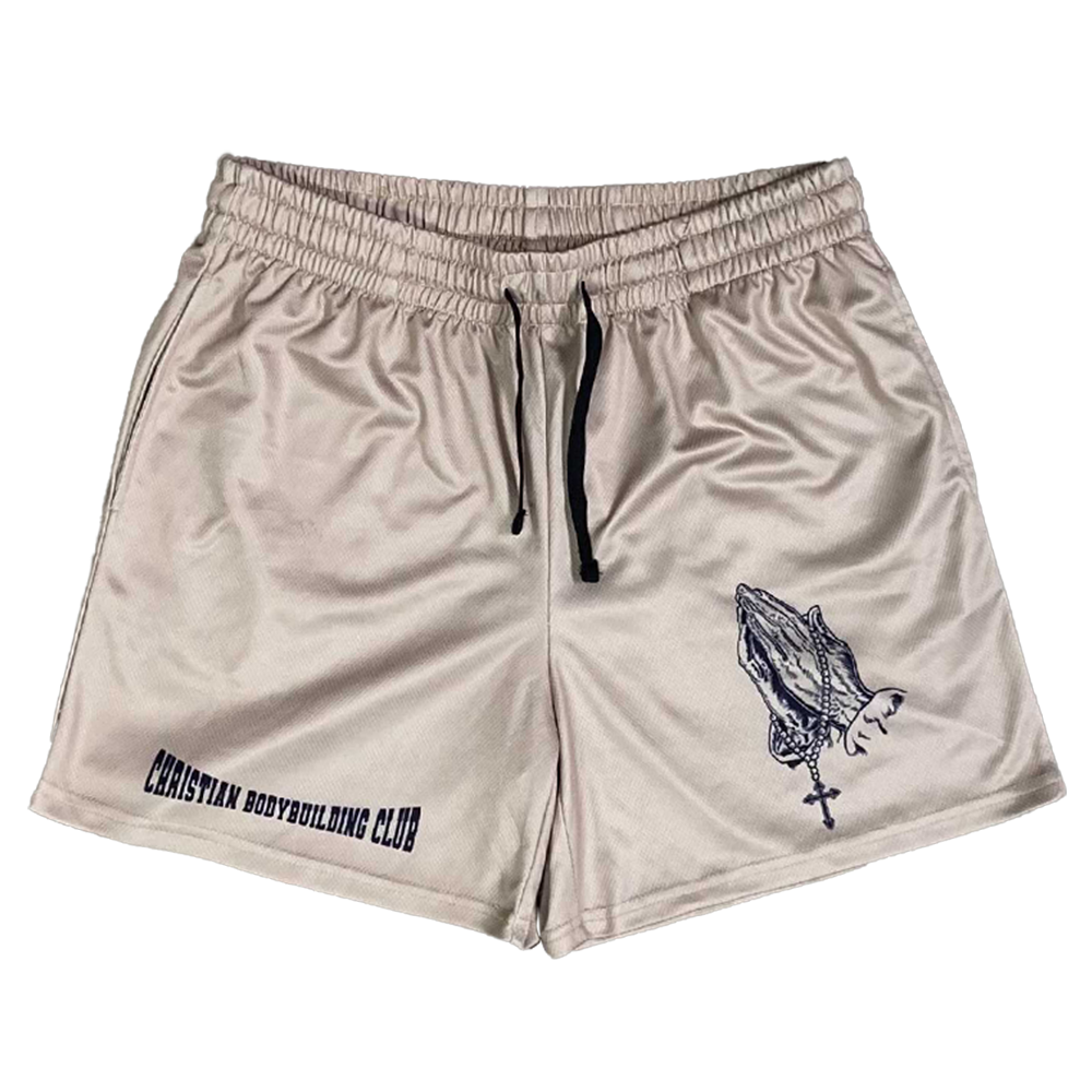 Christian-themed mesh gym shorts with Bible verses, made from 100% polyester, featuring double side pockets and a 5-inch inseam for comfort and mobility.