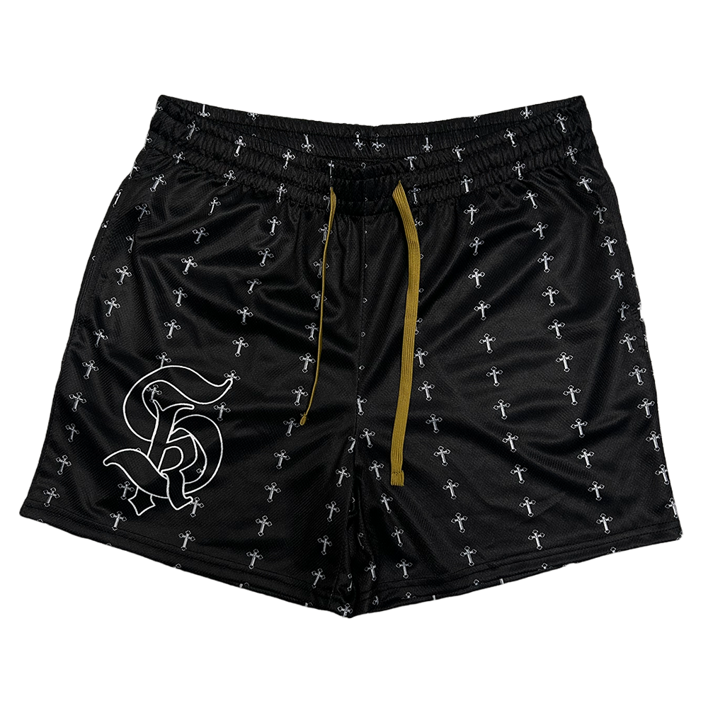 Christian-themed mesh gym shorts with Bible verses, made from 100% polyester, featuring double side pockets and a 5-inch inseam for comfort and mobility.